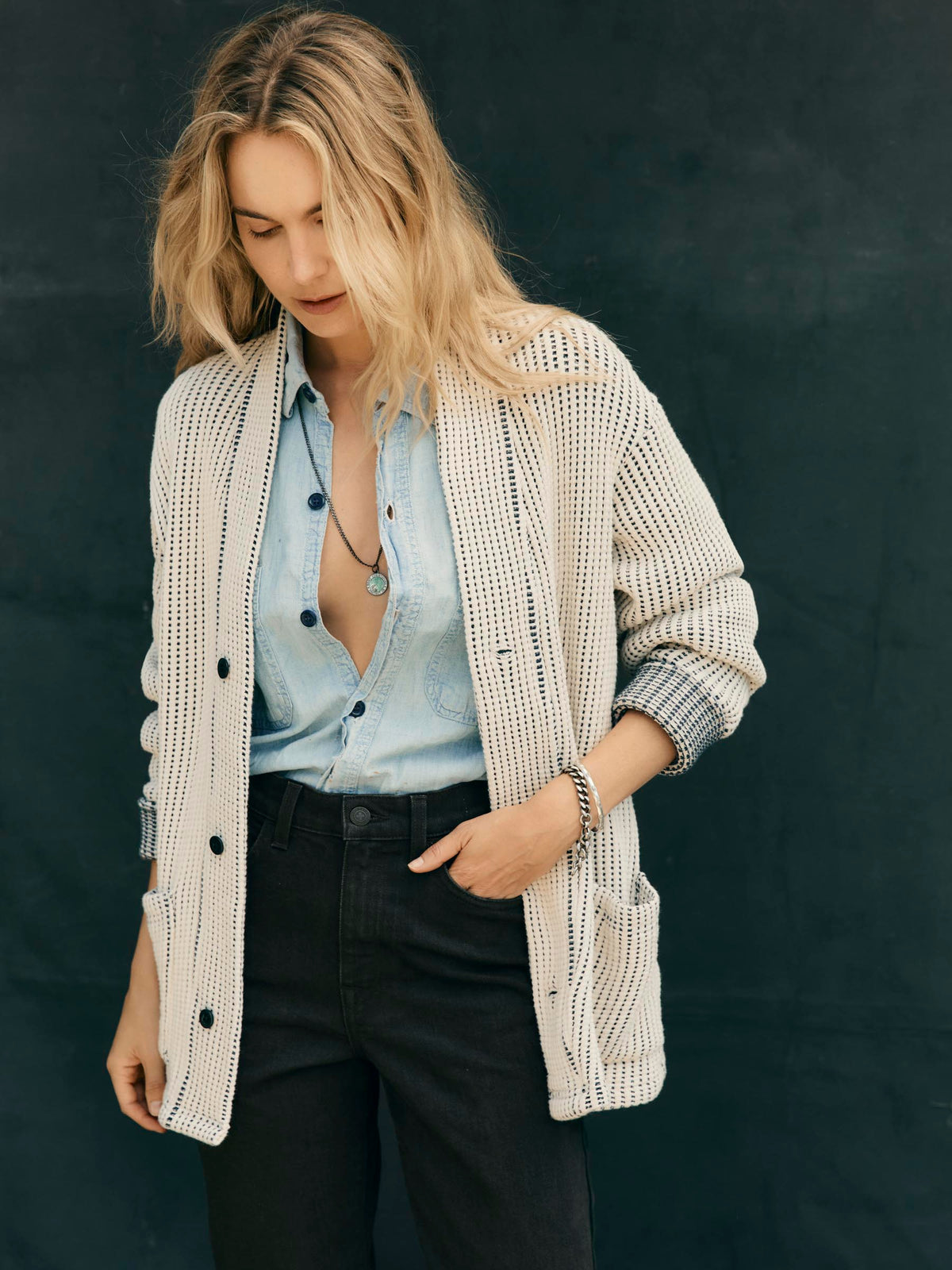 knit waffle cardigan in natural