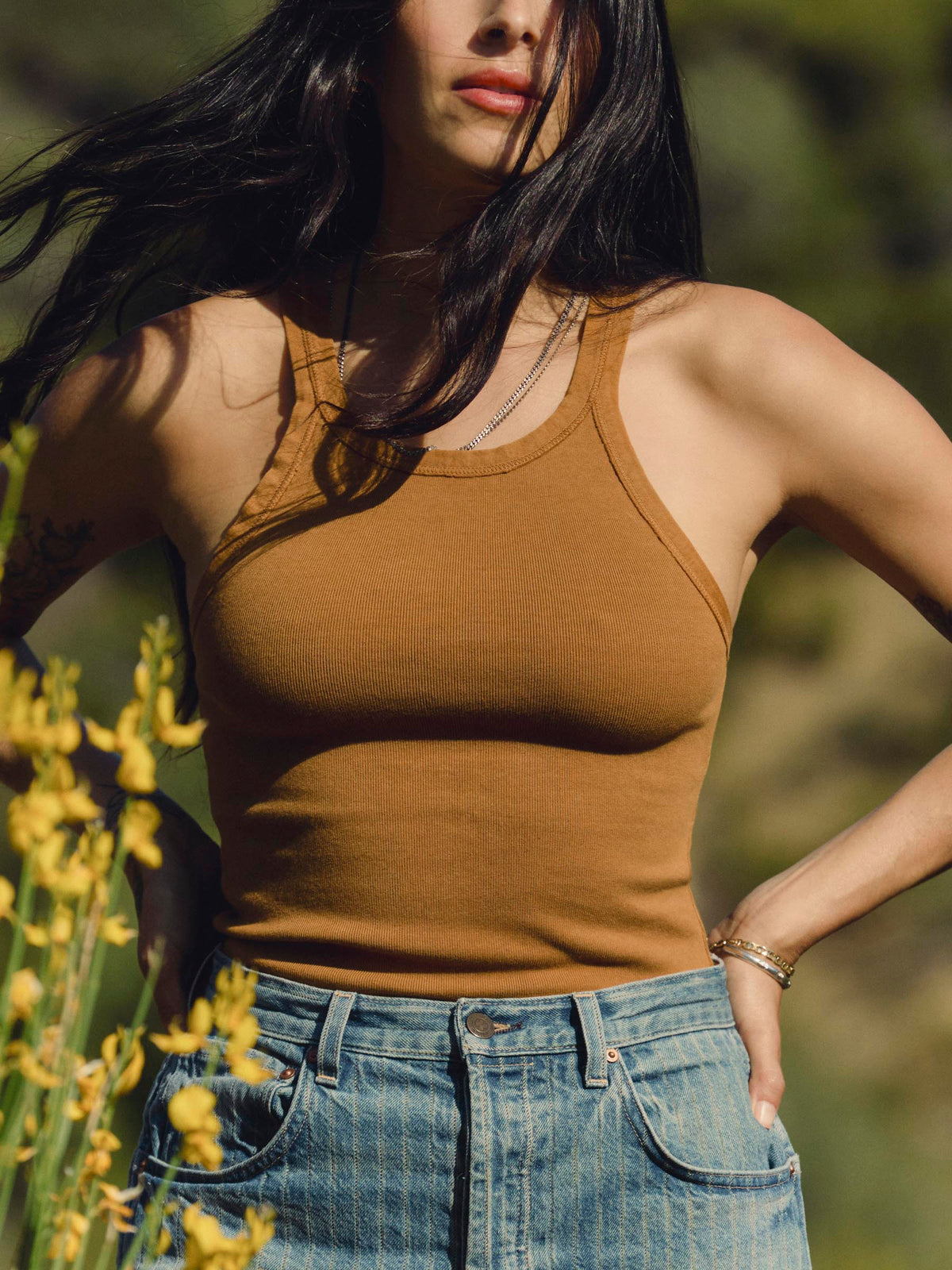 field brown ribbed racerback tank